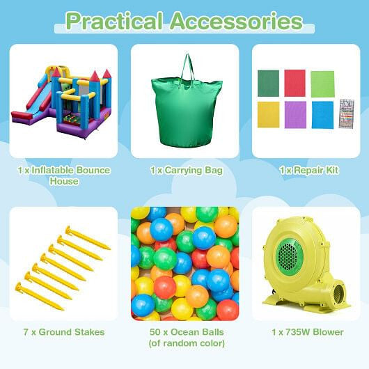 5-in-1 Inflatable Bounce House with 735W Blower and 50 Ocean Balls